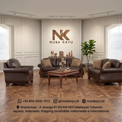 Jual Sofa Tamu Kulit Asli Kayu Jati Minimalis Jepara